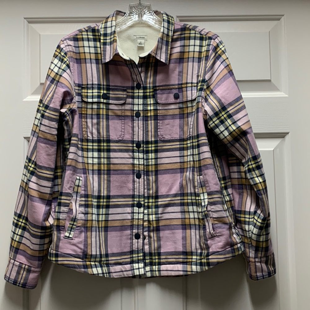 L.L.Bean fleece lined shacket snap front plaid coat shirt  purple navy PETITE